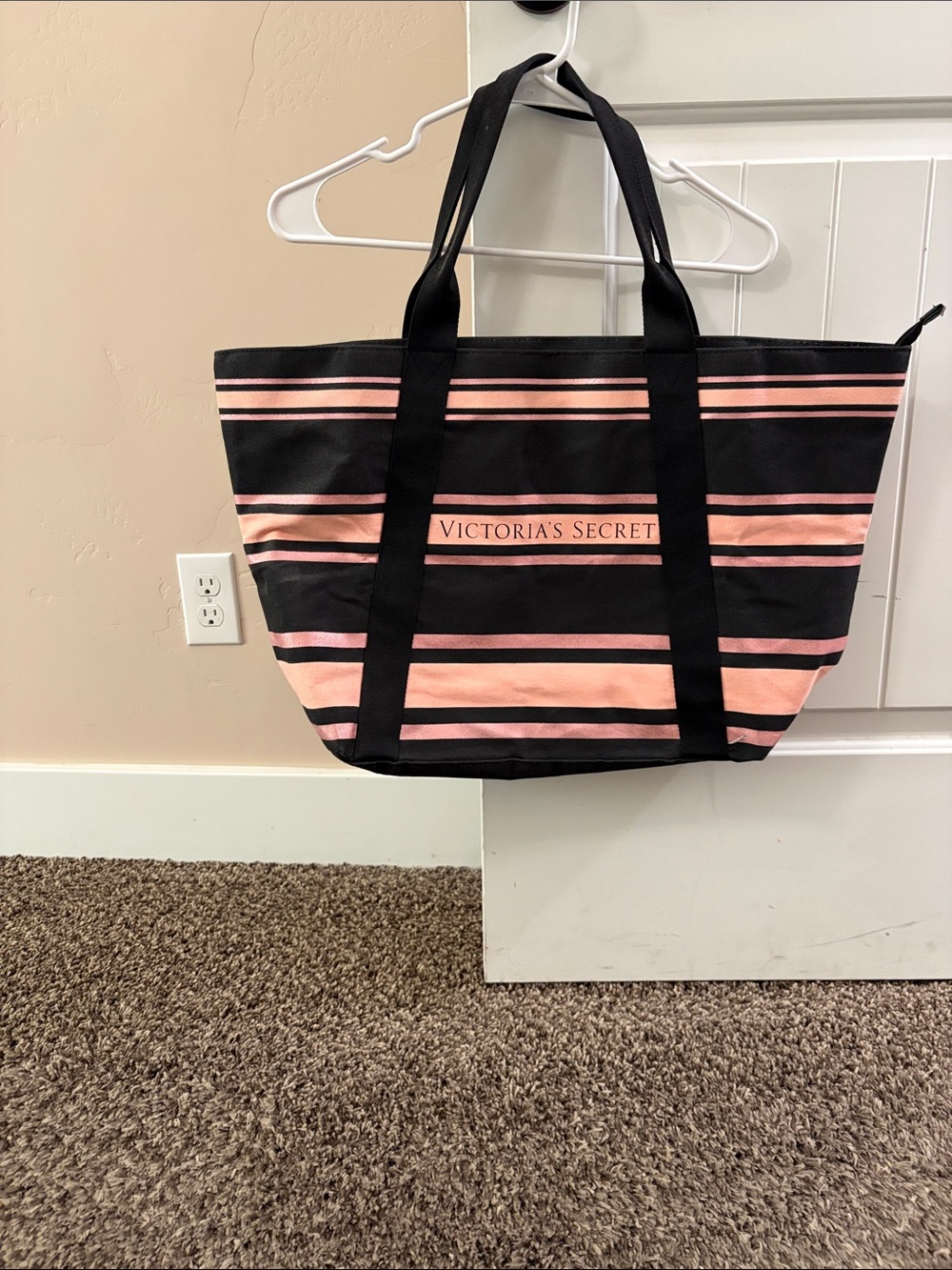 Victoria's Secret Black and Pink Striped Tote